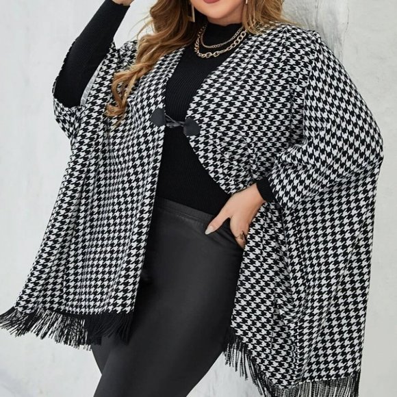 . Jackets & Blazers - Plus Size black white Houndstooth Fringe Trim Cape Wrap jacket Coat